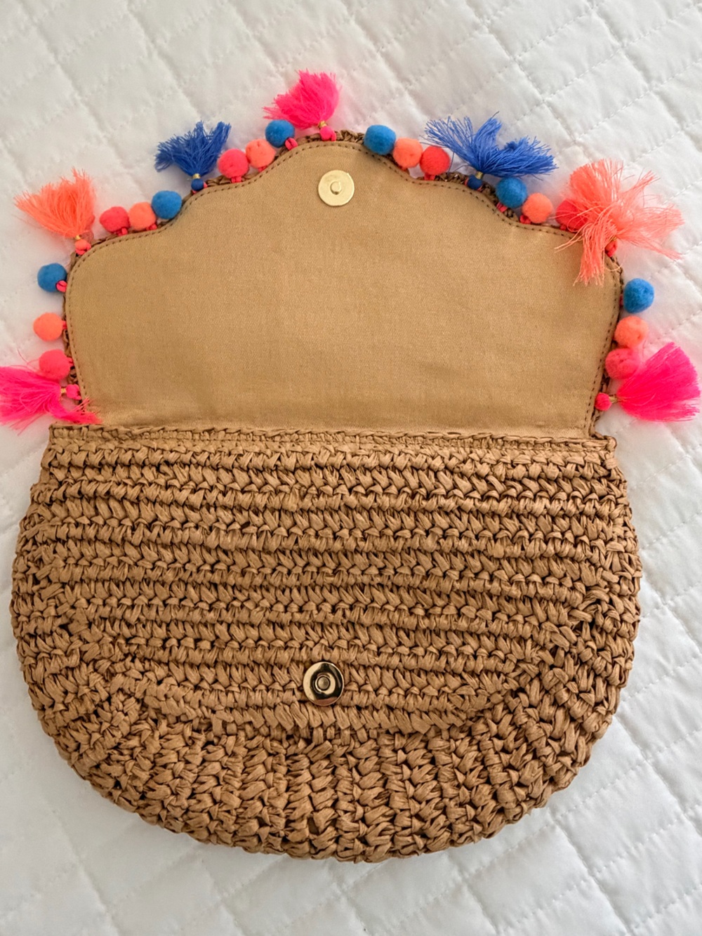 Lilly Pulitzer Ladies Straw Clutch with Pink, Blue & Coral Pom Tassels - Picture 3 of 4